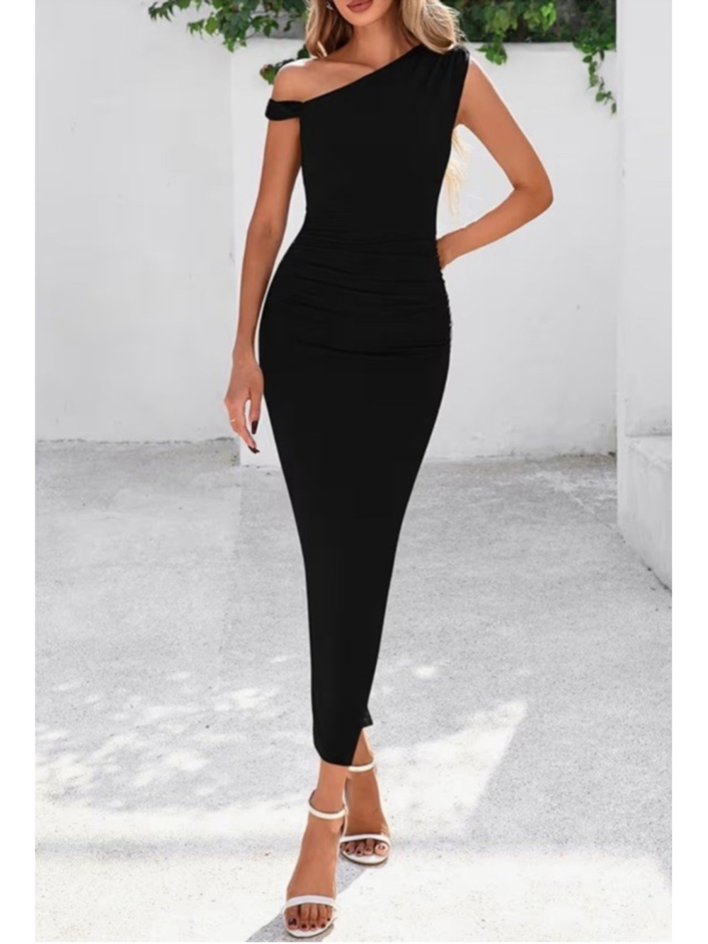 Women's Chic One-Shoulder Black Maxi Dress Size L Body con formal wedding 732